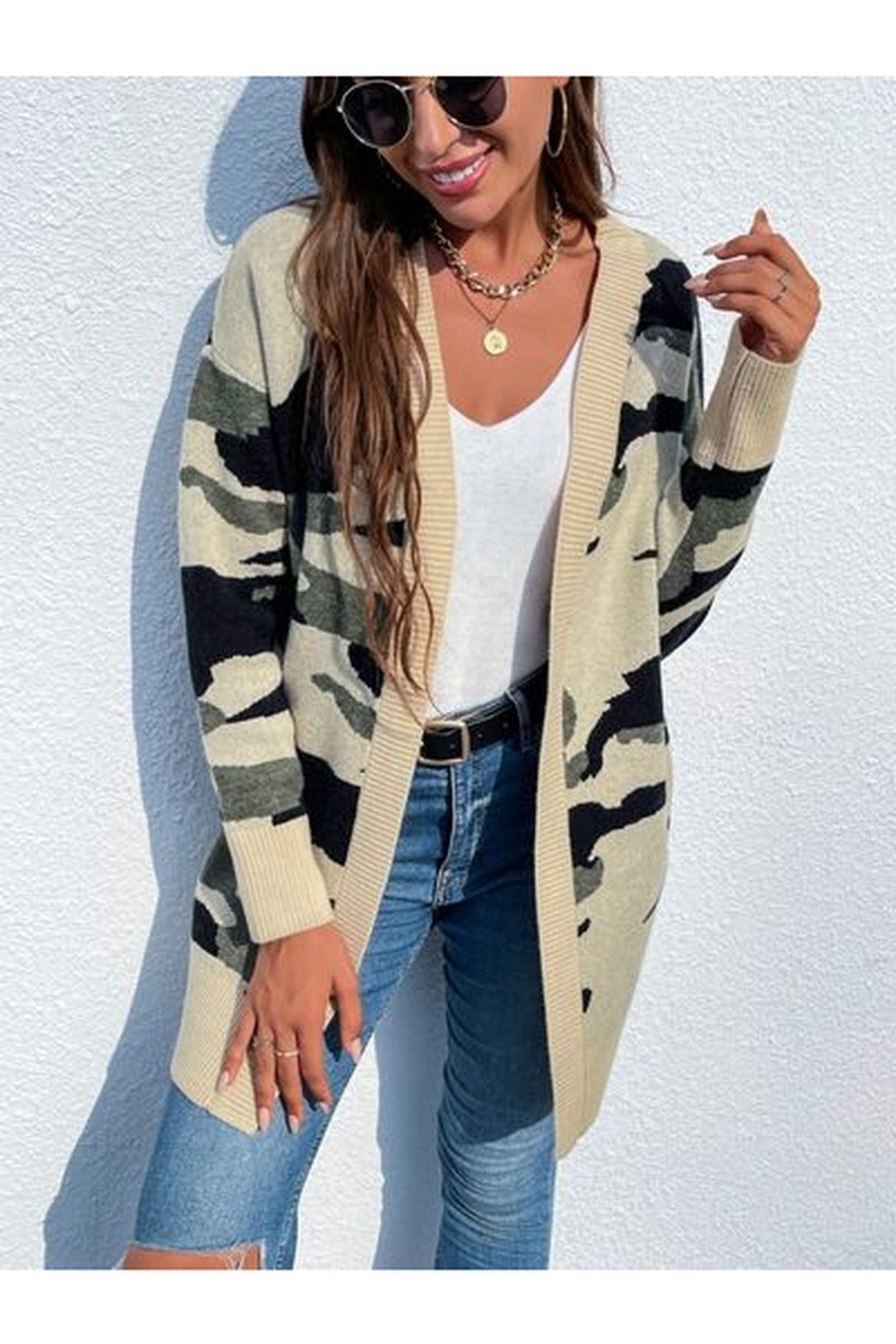 Camouflaged Dropped Shoulder Open Front Cardigan - Cardigans - FITGGINS