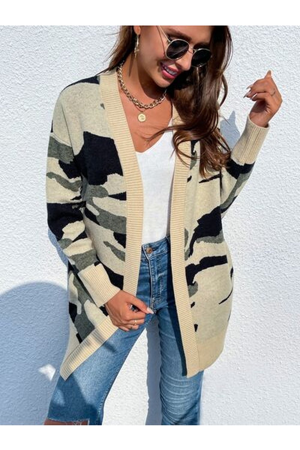 Camouflaged Dropped Shoulder Open Front Cardigan - Cardigans - FITGGINS