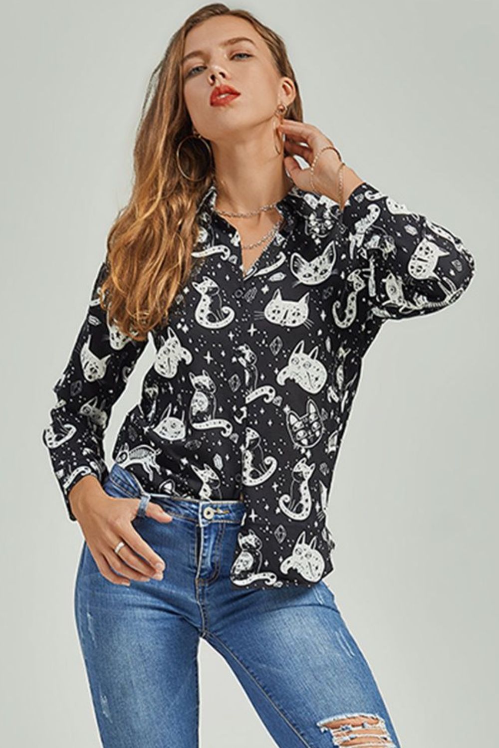 Cat Print Button-Up Shirt - Shirts - FITGGINS