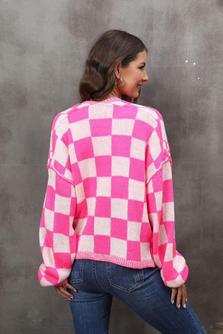Checkered Open Front Drop Shoulder Cardigan - Cardigans - FITGGINS