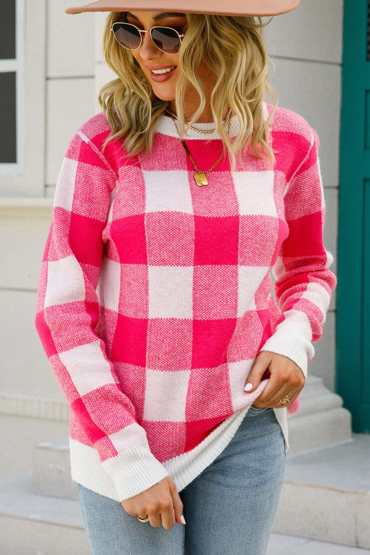 Checkered Ribbed Trim Knit Pullover - Pullover Sweaters - FITGGINS