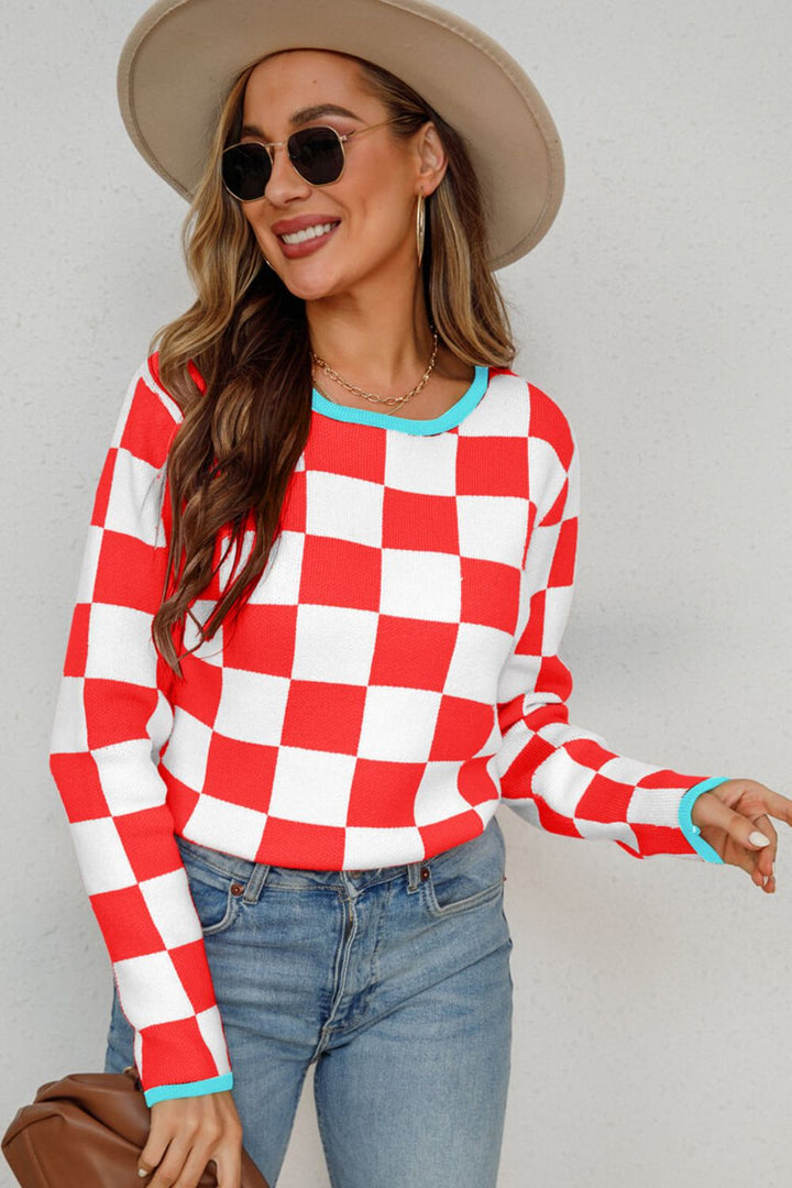 Checkered Round Neck Sweater - Pullover Sweaters - FITGGINS