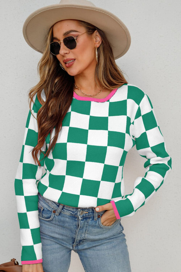 Checkered Round Neck Sweater - Pullover Sweaters - FITGGINS
