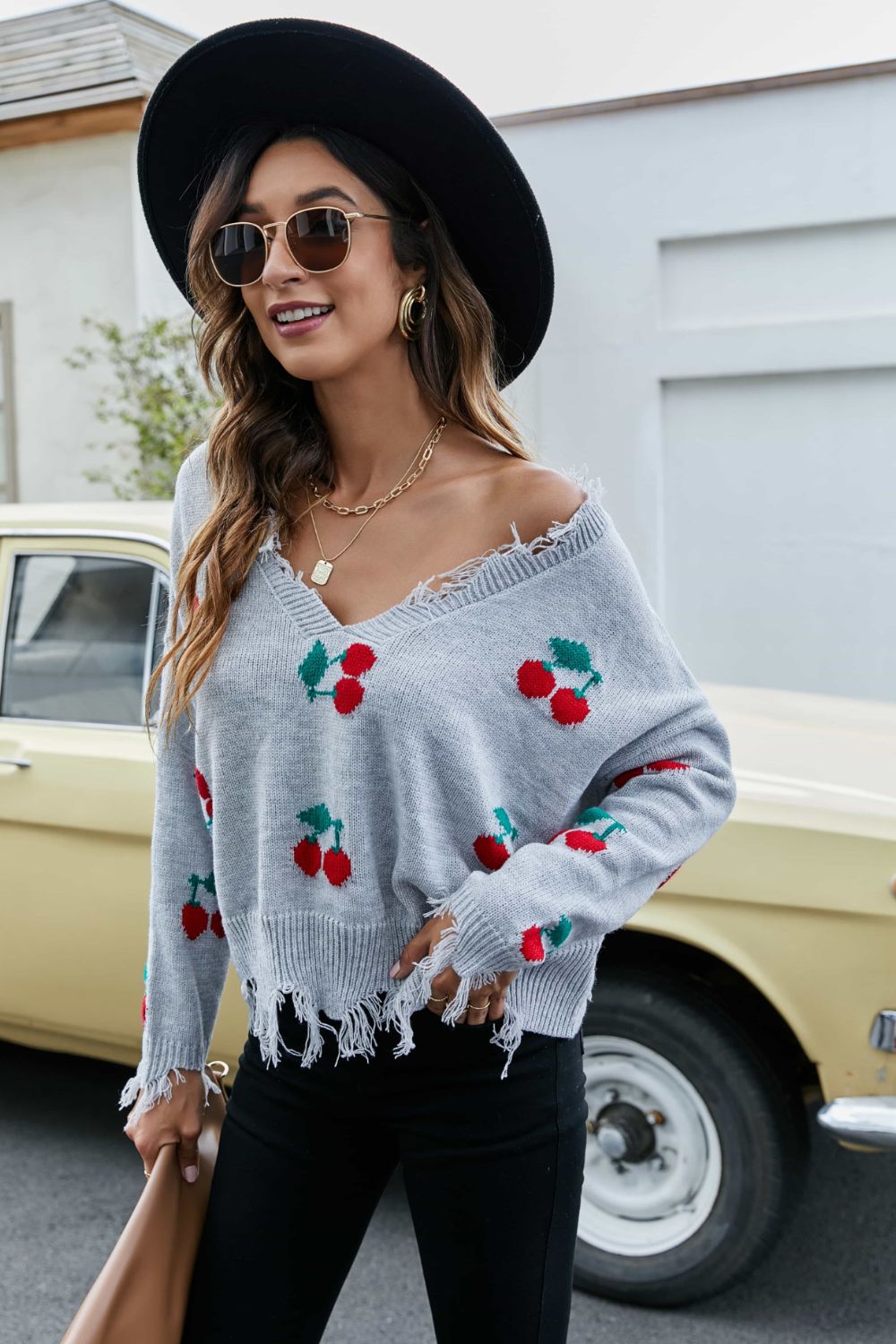 Cherry Pattern Frayed Trim V-Neck Sweater - Pullover Sweaters - FITGGINS