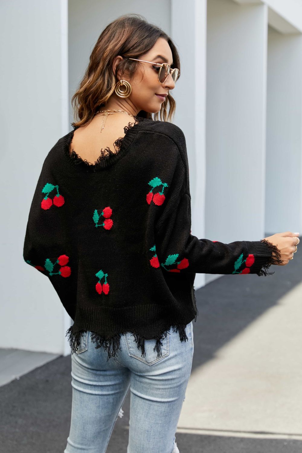 Cherry Pattern Frayed Trim V-Neck Sweater - Pullover Sweaters - FITGGINS