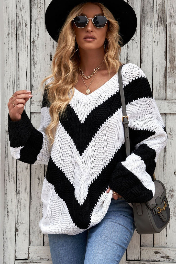 Chevron Cable-Knit V-Neck Tunic Sweater - Pullover Sweaters - FITGGINS