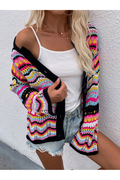 Chevron Stripes Openwork Cardigan - Cardigans - FITGGINS