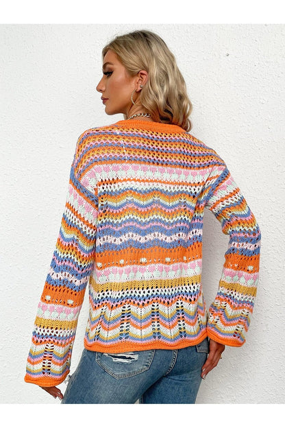 Chevron Stripes Openwork Cardigan - Cardigans - FITGGINS