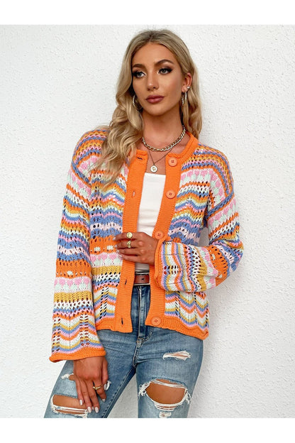 Chevron Stripes Openwork Cardigan - Cardigans - FITGGINS