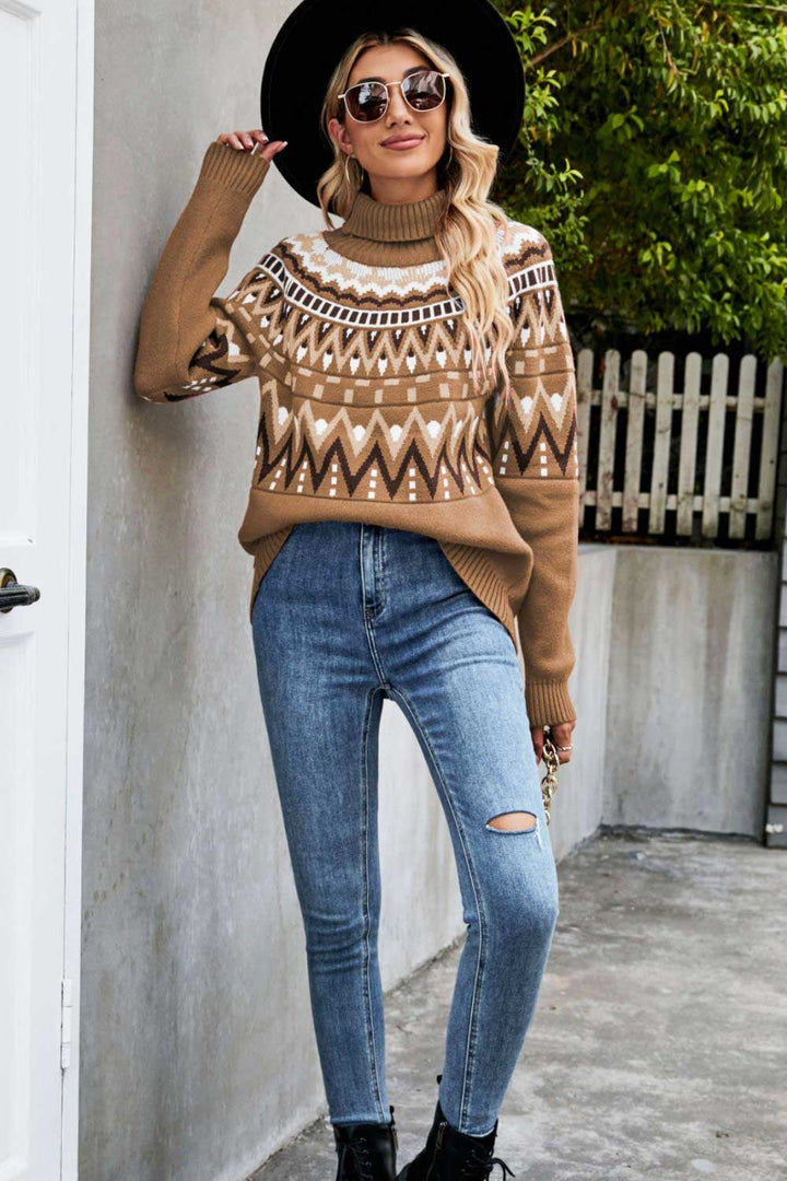 Chevron Turtleneck Ribbed Trim Sweater - Pullover Sweaters - FITGGINS