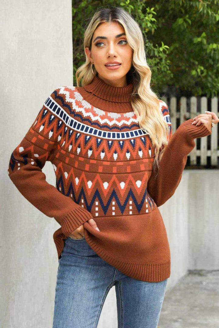 Chevron Turtleneck Ribbed Trim Sweater - Pullover Sweaters - FITGGINS