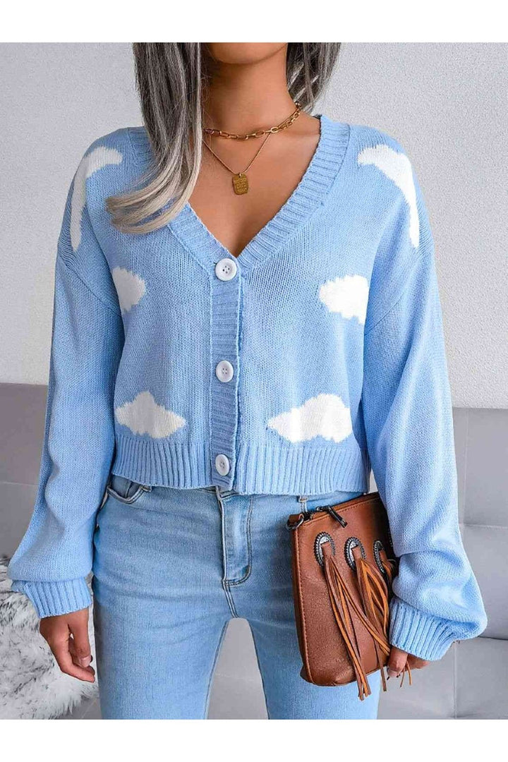 Cloud Print Button Down Ribbed Trim Cardigan - Cardigans - FITGGINS