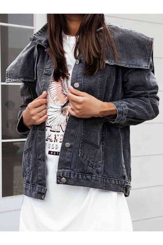 Collared Neck Button Down Denim Jacket - Jackets - FITGGINS