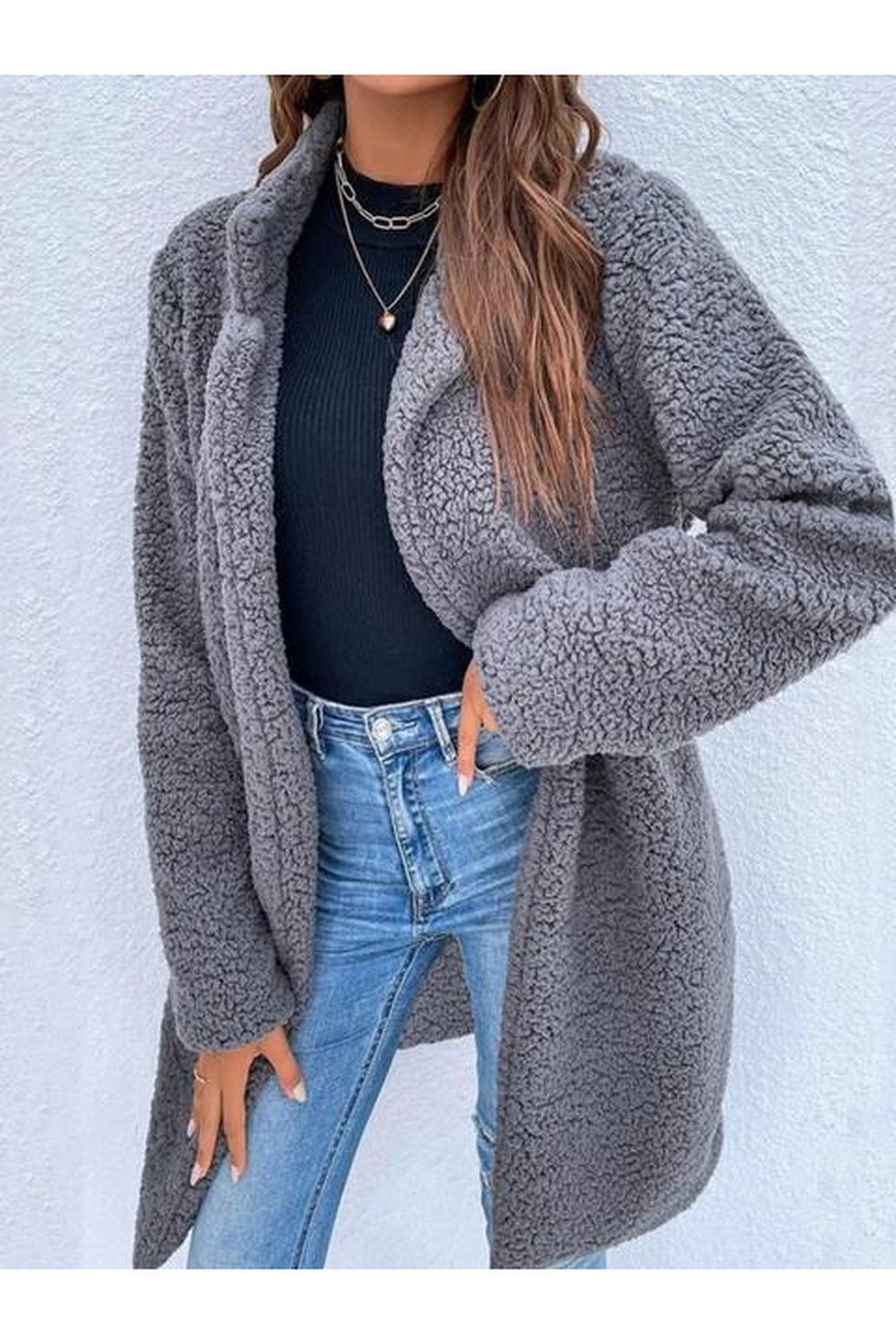 Collared Neck Long Teddy Coat - Jackets - FITGGINS