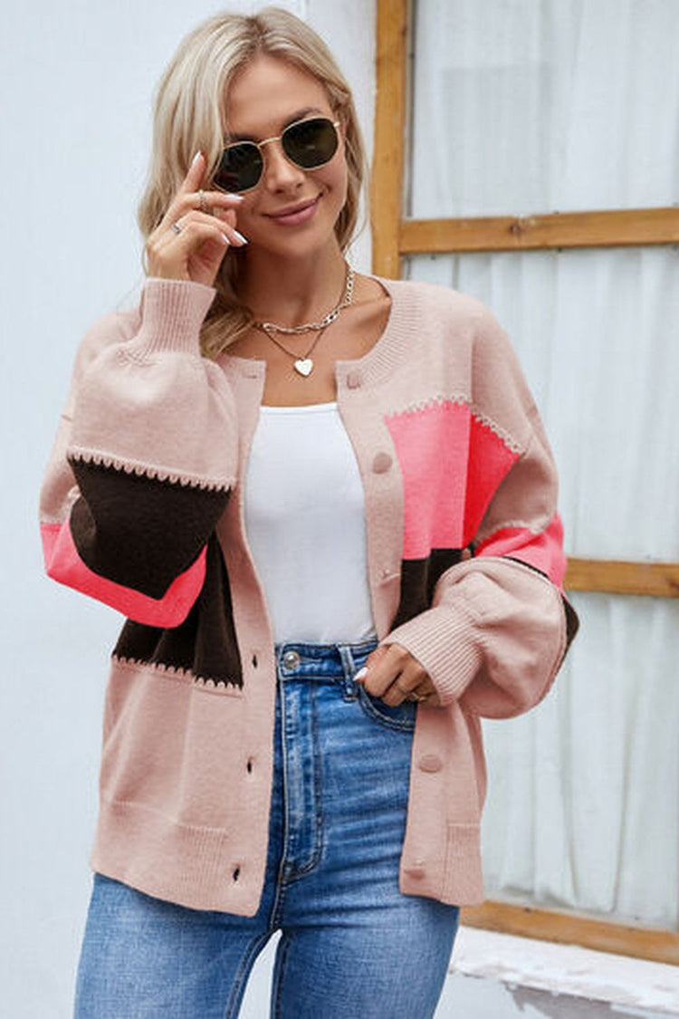 Color Block Button Up Lantern Sleeve Cardigan - Cardigans - FITGGINS