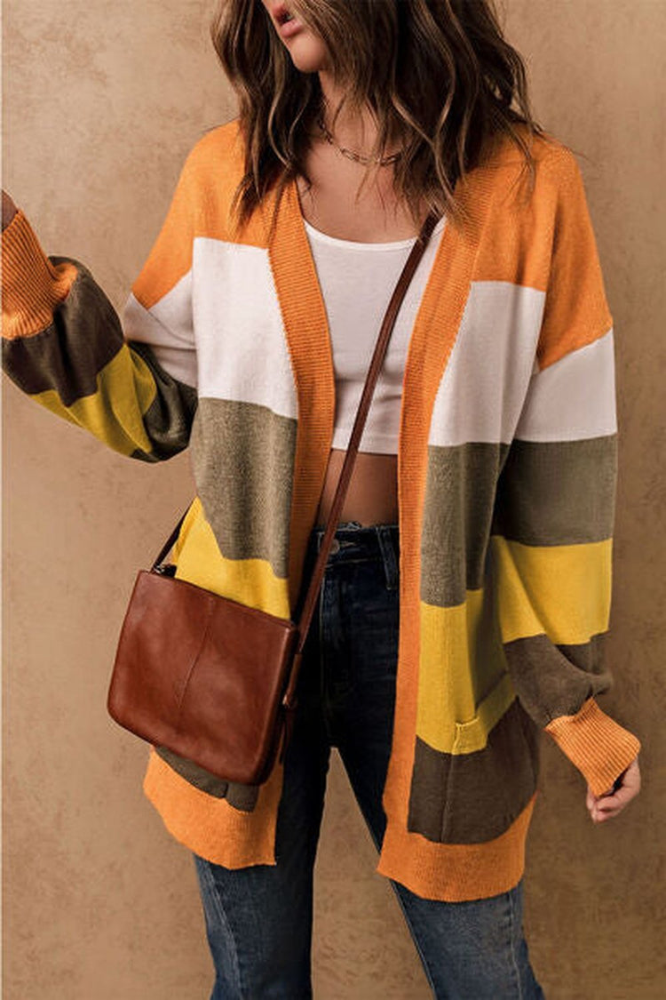 Color Block Lantern Sleeve Open Front Cardigan with Pockets - Cardigans - FITGGINS