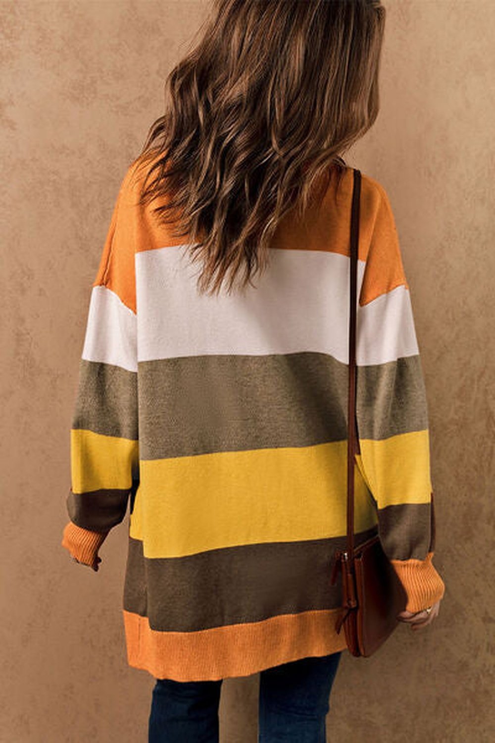 Color Block Lantern Sleeve Open Front Cardigan with Pockets - Cardigans - FITGGINS