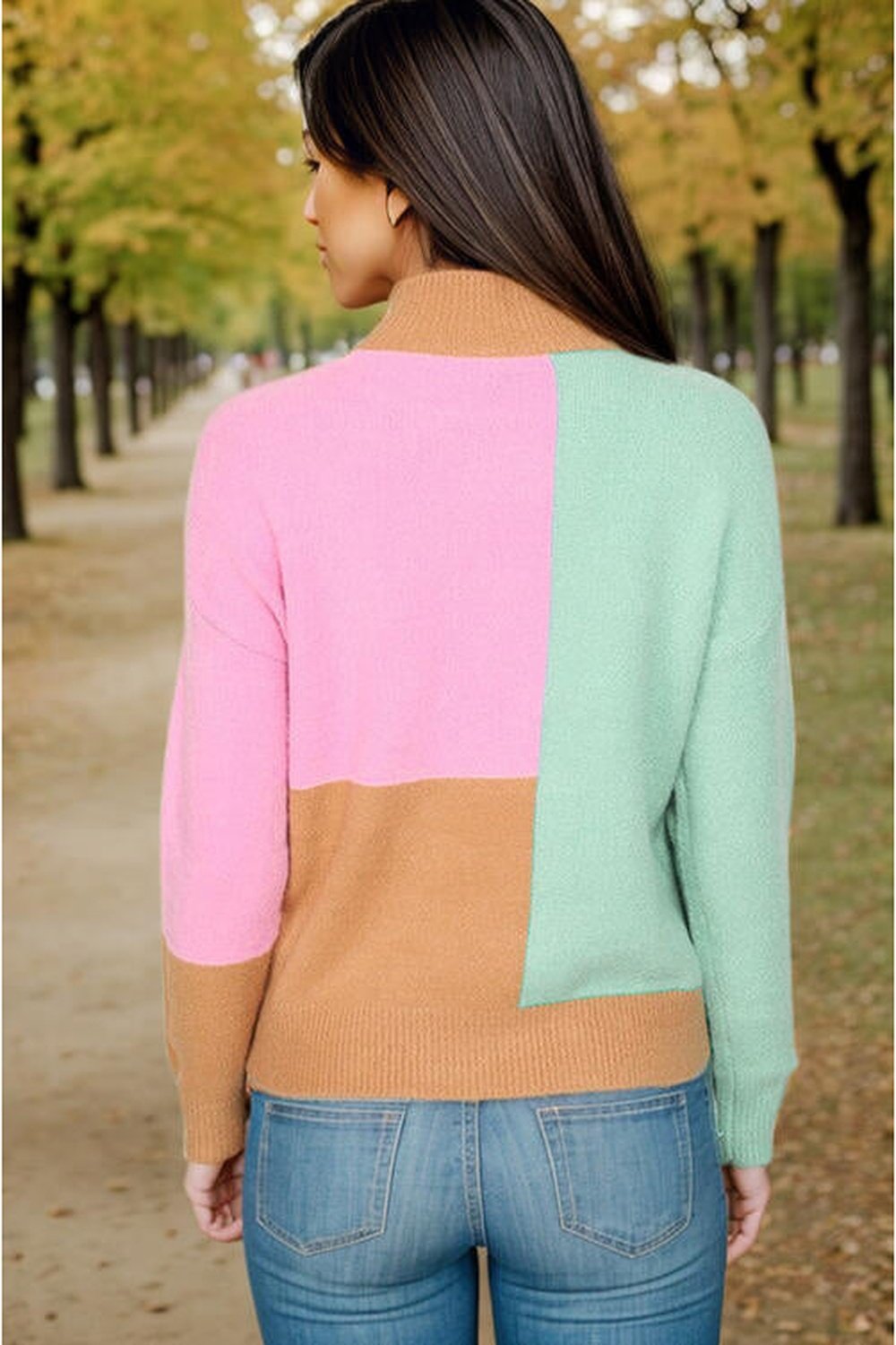 Color Block Mock Neck Dropped Shoulder Sweater - Pullover Sweaters - FITGGINS