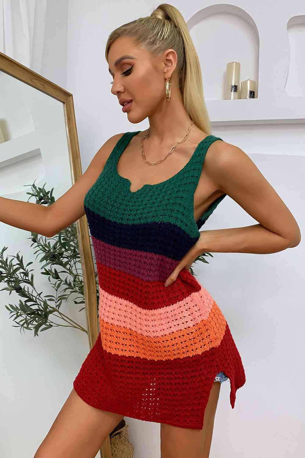 Color Block Notched Neck Slit Sweater Dress - Sweater Dresses - FITGGINS