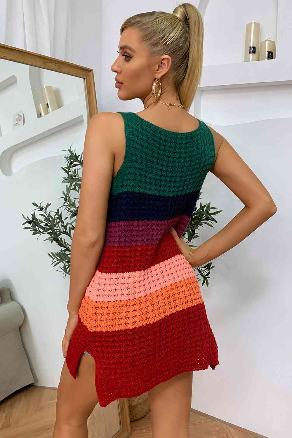 Color Block Notched Neck Slit Sweater Dress - Sweater Dresses - FITGGINS