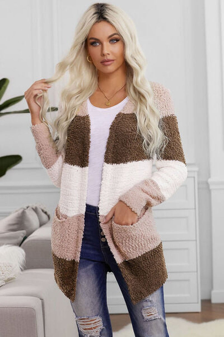 Color Block Open Front Pocketed Cardigan - Cardigans - FITGGINS