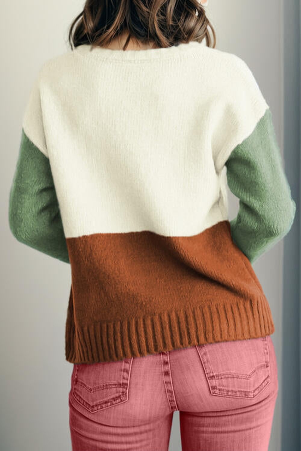 Color Block Round Neck Long Sleeve Sweater - Pullover Sweaters - FITGGINS