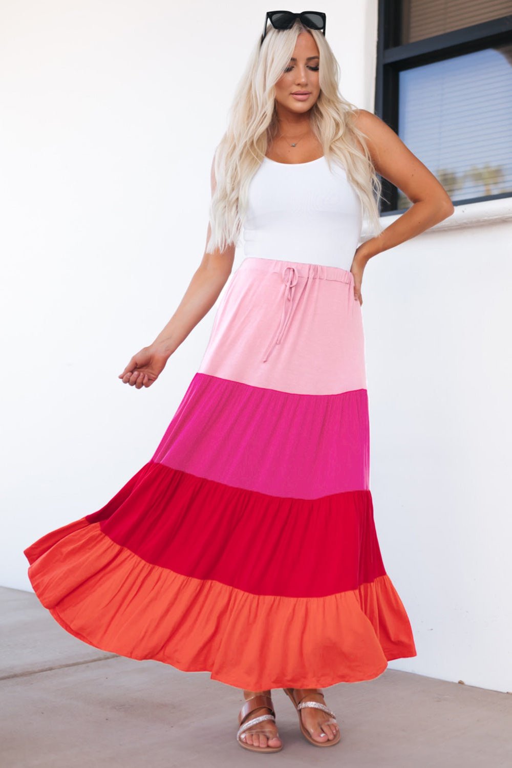 Color Block Tiered Maxi Skirt - Skirts - FITGGINS
