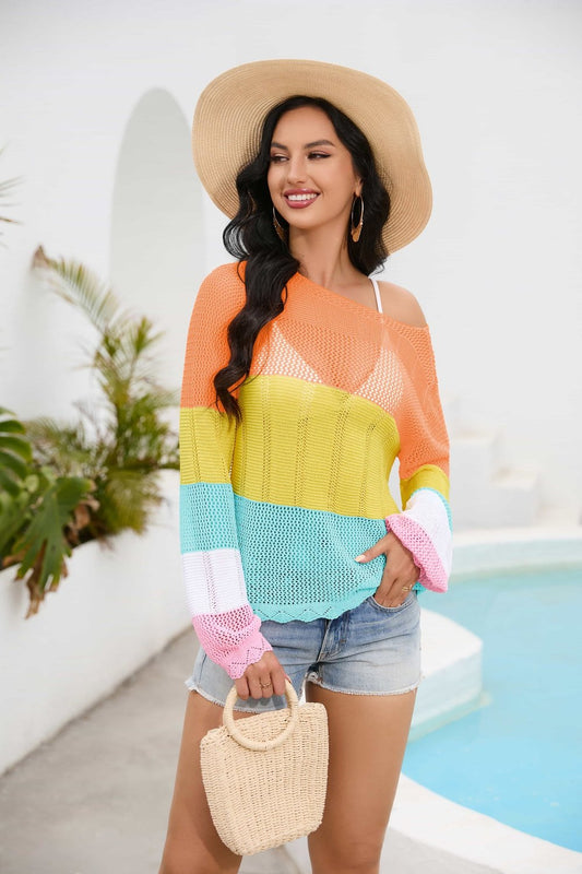 Color Block Boat Neck Sheer Cover Up - Cover-Ups - FITGGINS