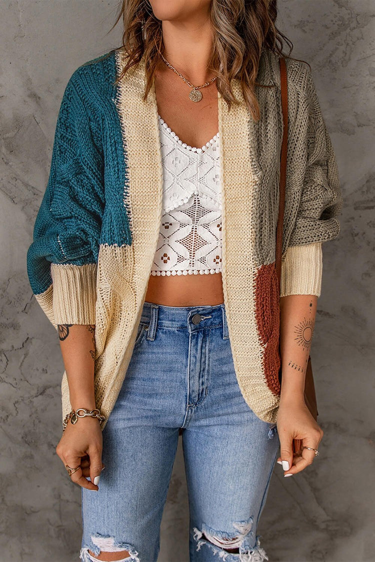 Color Block Cable-Knit Batwing Sleeve Cardigan - Cardigans - FITGGINS
