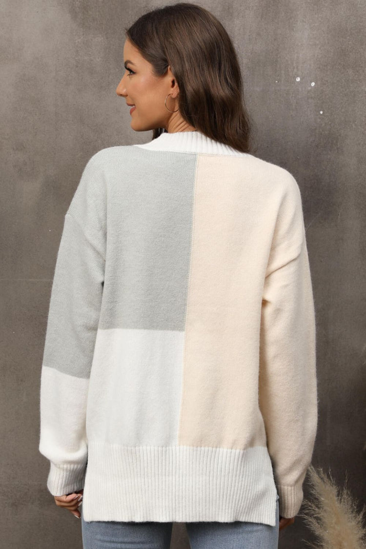 Color Block Crewneck Drop Shoulder Sweater - Pullover Sweaters - FITGGINS