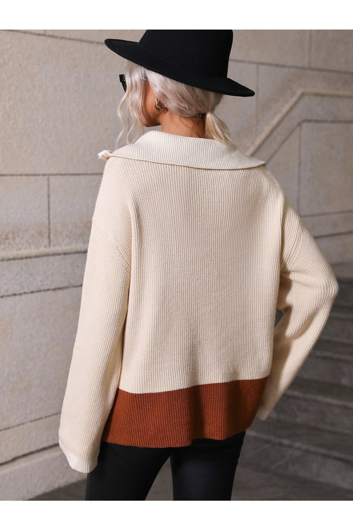 Color Block Half-Zip Dropped Shoulder Knit Pullover - Pullover Sweaters - FITGGINS
