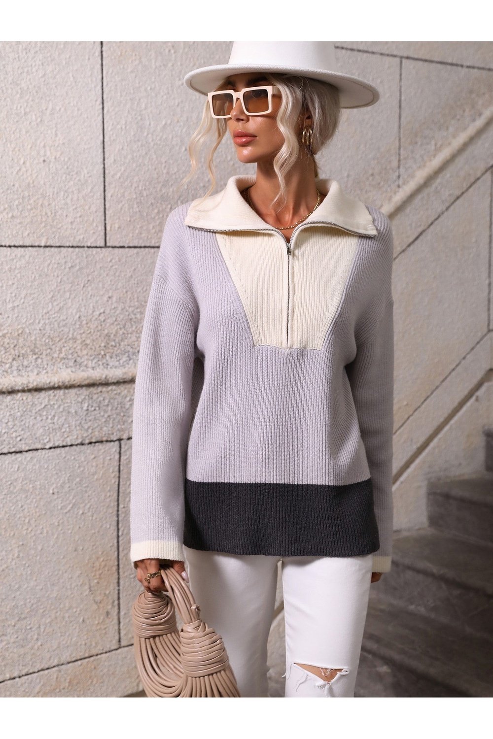 Color Block Half-Zip Dropped Shoulder Knit Pullover - Pullover Sweaters - FITGGINS