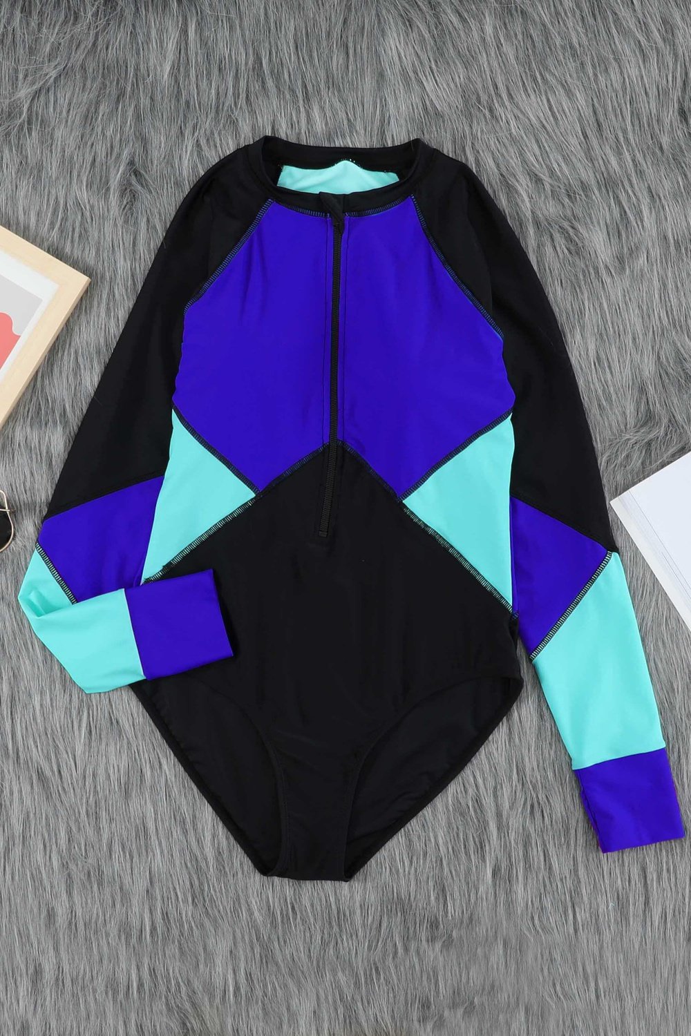 Color Block Half Zip Long Sleeve One-Piece Swimsuit - Swimwear One-Pieces - FITGGINS