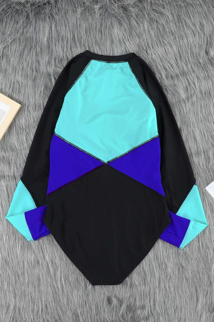 Color Block Half Zip Long Sleeve One-Piece Swimsuit - Swimwear One-Pieces - FITGGINS