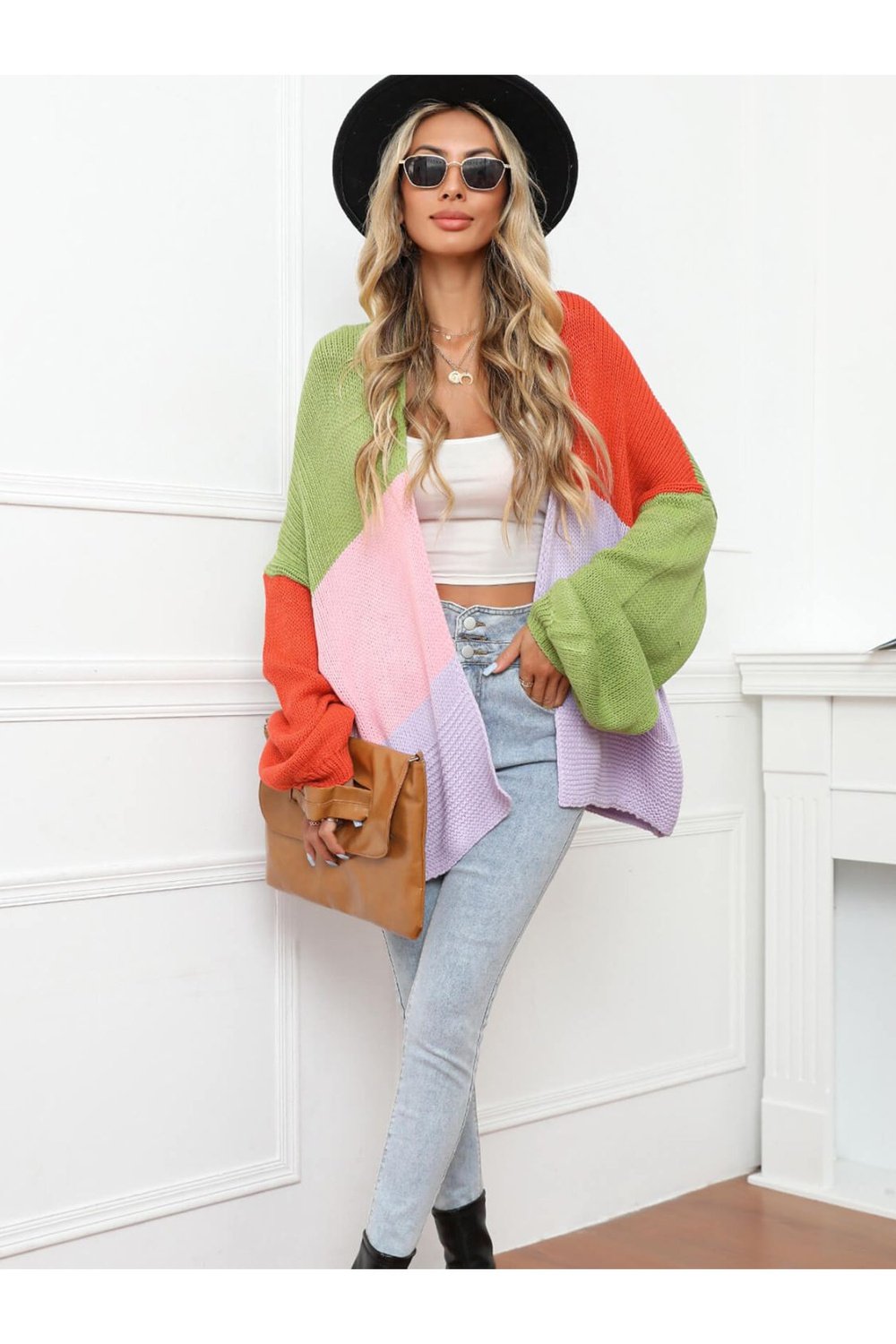 Color Block Open Front Balloon Sleeve Longline Cardigan - Cardigans - FITGGINS