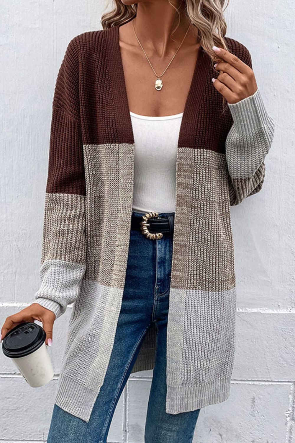 Color Block Open Front Rib-Knit Longline Cardigan - Cardigans - FITGGINS
