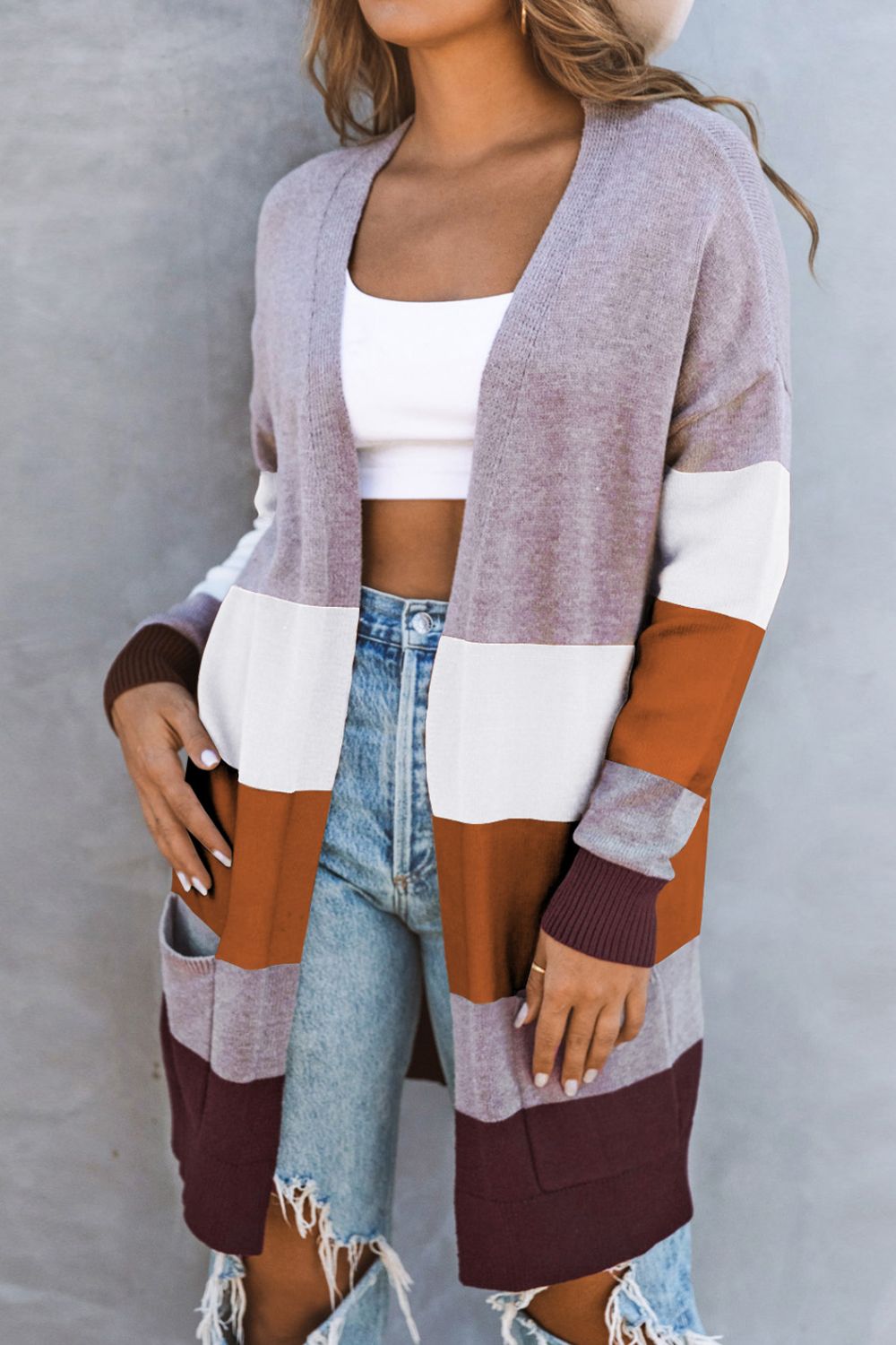 Color Block Open Front Ribbed Cuff Cardigan with Pockets - Cardigans - FITGGINS