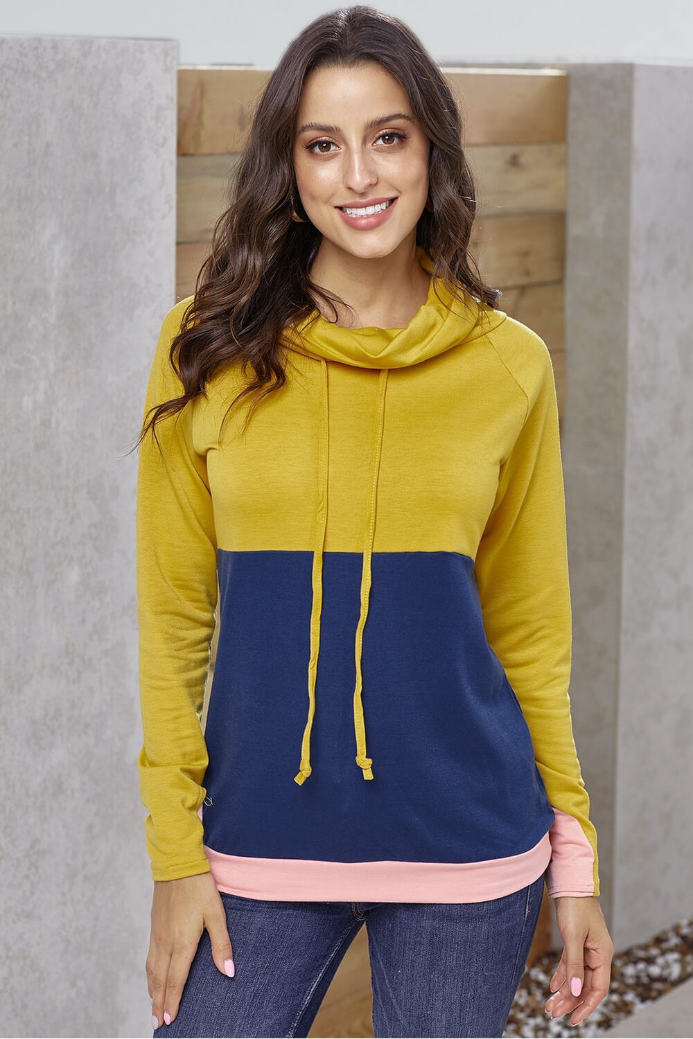 Color Block Raglan Sleeve Drawstring Sweatshirt - Sweatshirts & Hoodies - FITGGINS