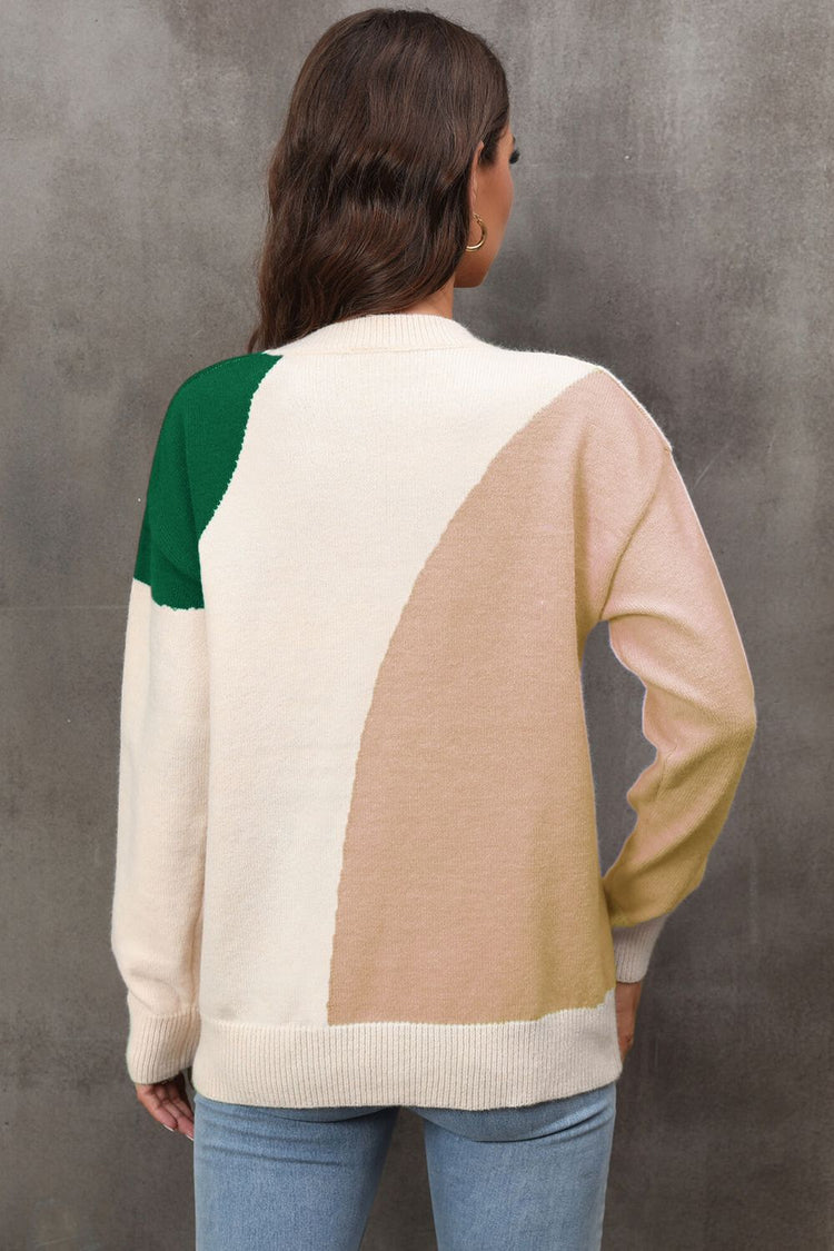 Color Block Ribbed Cuff Drop Shoulder Sweater - Pullover Sweaters - FITGGINS