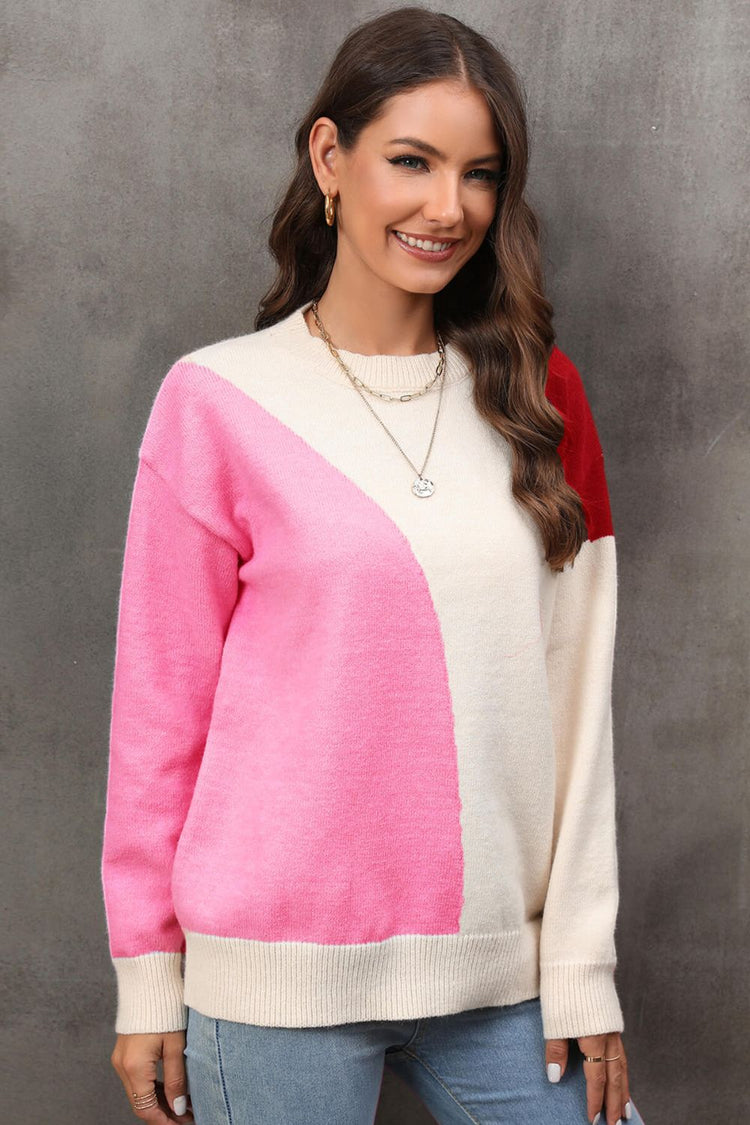 Color Block Ribbed Cuff Drop Shoulder Sweater - Pullover Sweaters - FITGGINS