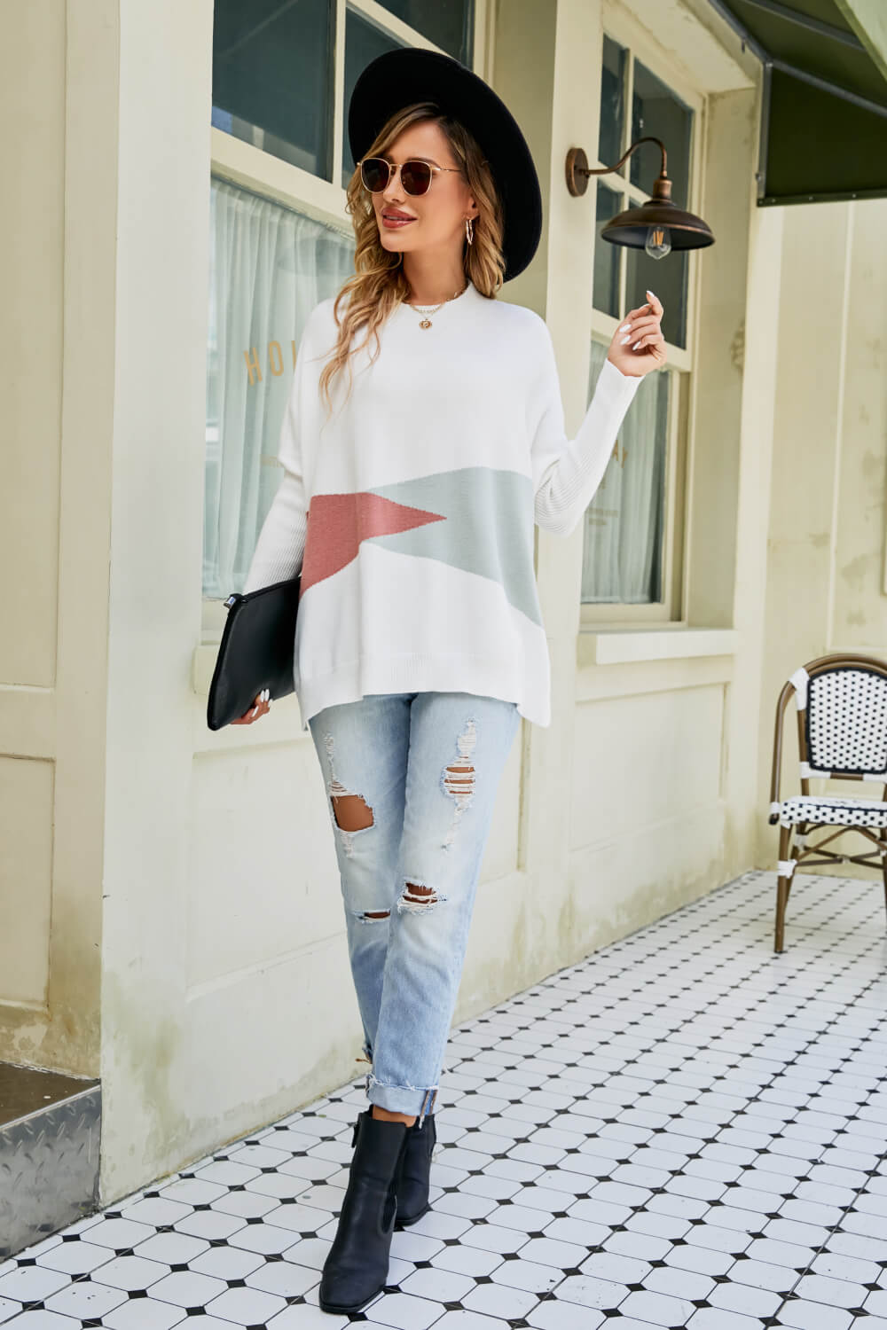 Color Block Round Neck Side Slit Sweater - Pullover Sweaters - FITGGINS
