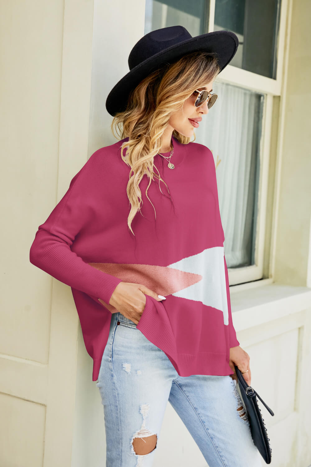 Color Block Round Neck Side Slit Sweater - Pullover Sweaters - FITGGINS