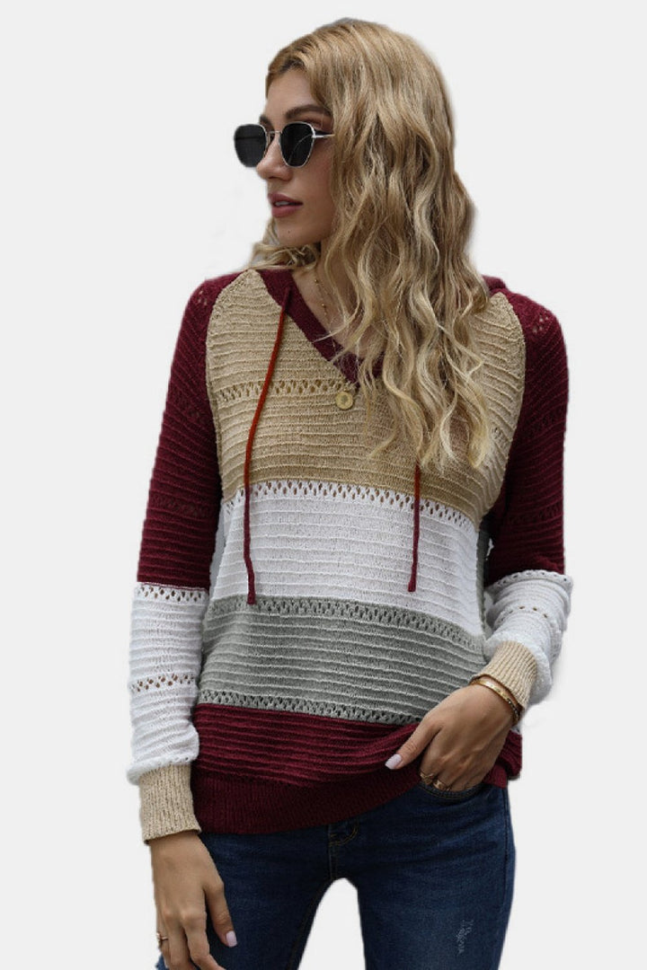 Color Striped Knitted Hoodie - Sweatshirts & Hoodies - FITGGINS