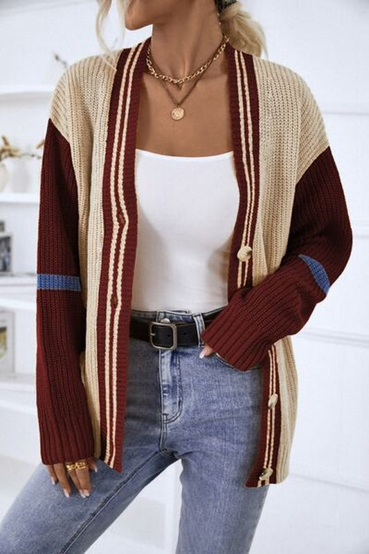 Contrast Button Up Dropped Shoulder Cardigan - Cardigans - FITGGINS