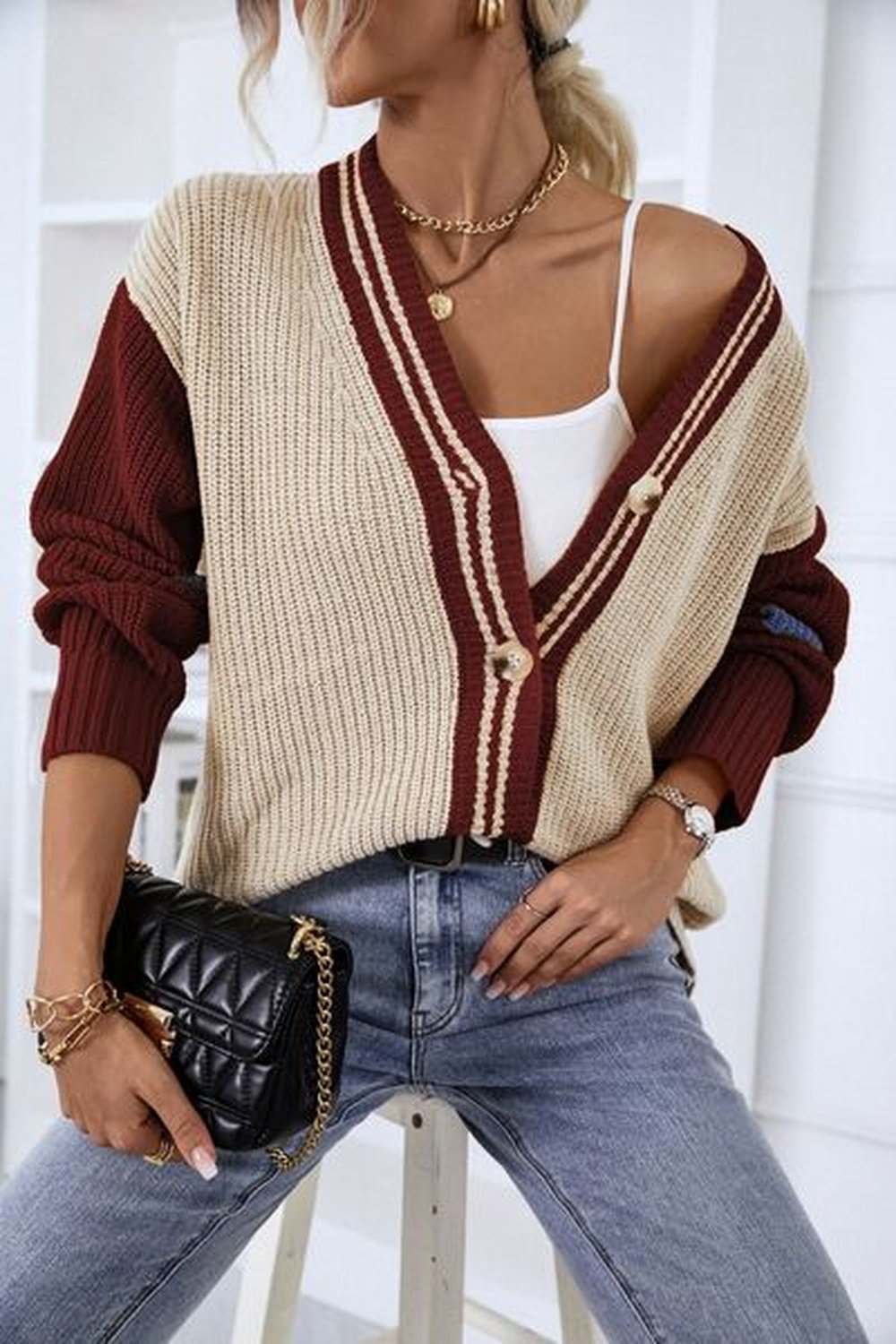 Contrast Button Up Dropped Shoulder Cardigan - Cardigans - FITGGINS