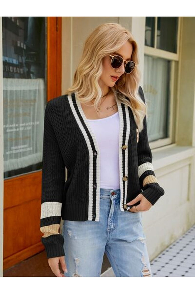 Contrast Button Up Dropped Shoulder Cardigan - Cardigans - FITGGINS