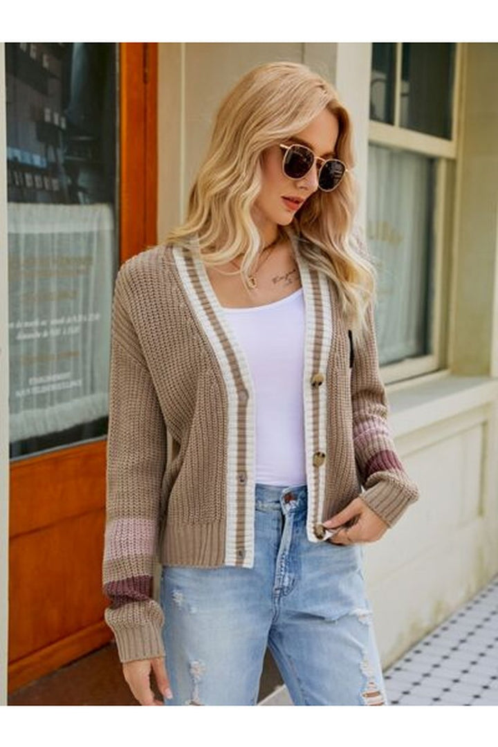 Contrast Button Up Dropped Shoulder Cardigan - Cardigans - FITGGINS