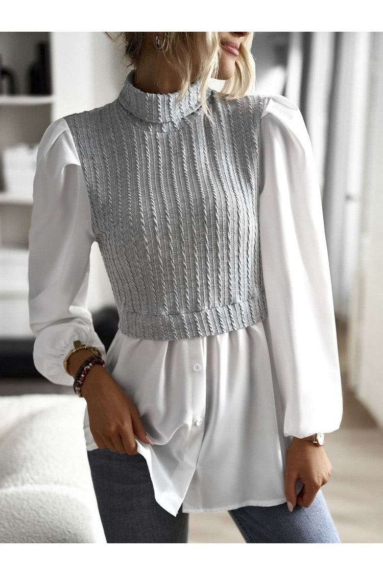 Contrast Cable-Knit Mock Neck Top