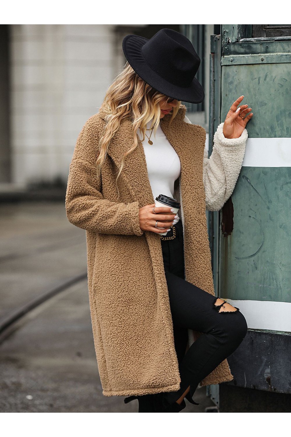 Contrast Dropped Shoulder Sherpa Coat - Jackets - FITGGINS