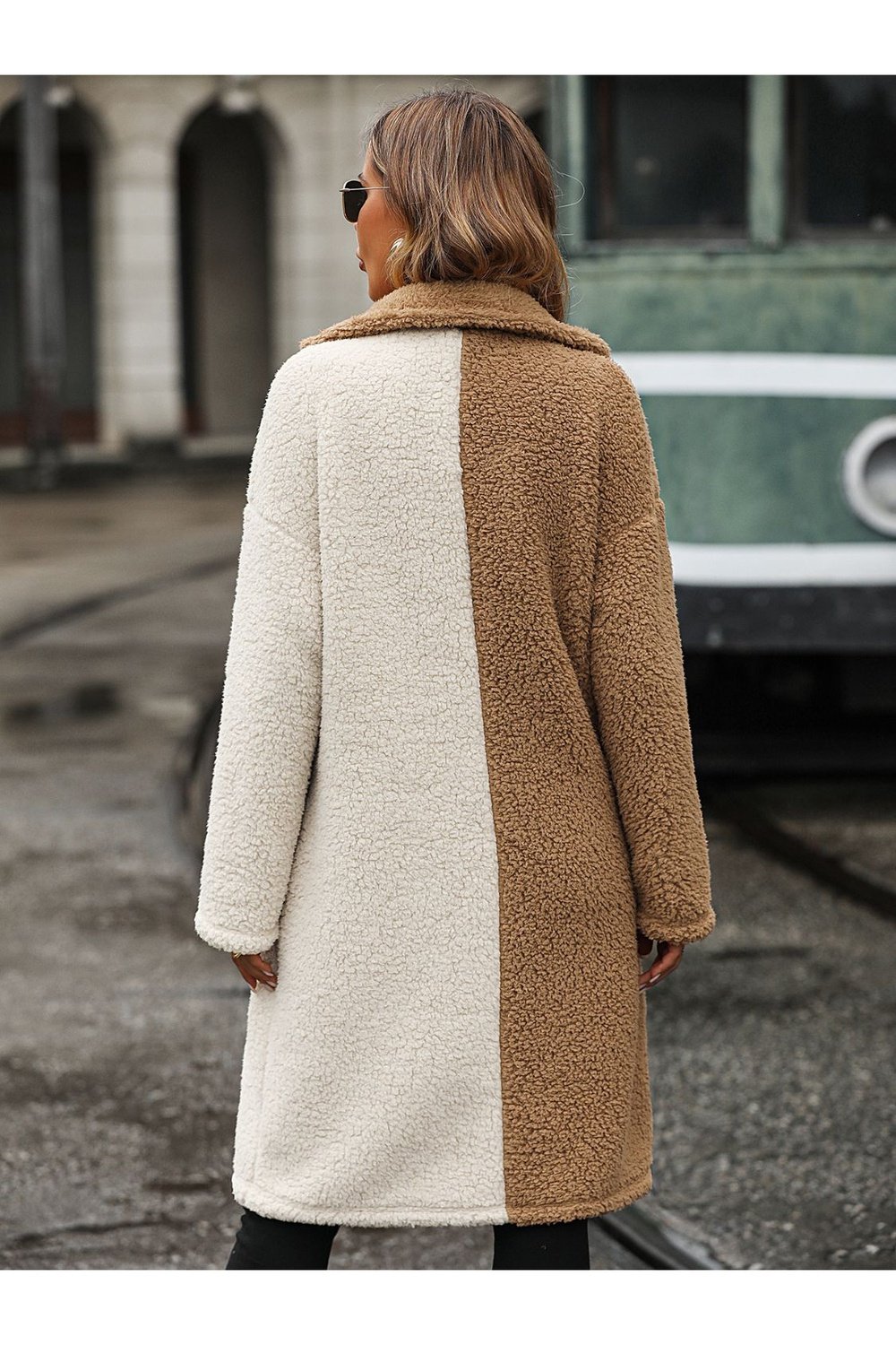 Contrast Dropped Shoulder Sherpa Coat - Jackets - FITGGINS